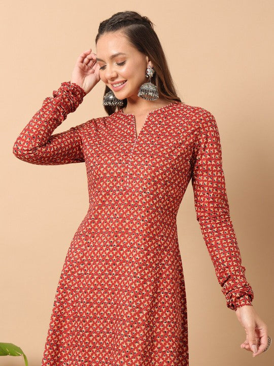 Floral printed notch collar thread work cotton A-Line kurta