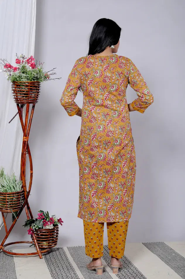 Mustard Cotton Kurti Bottom and Dupatta Set