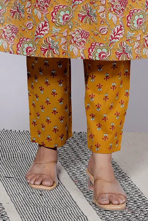 Mustard Cotton Kurti Bottom and Dupatta Set