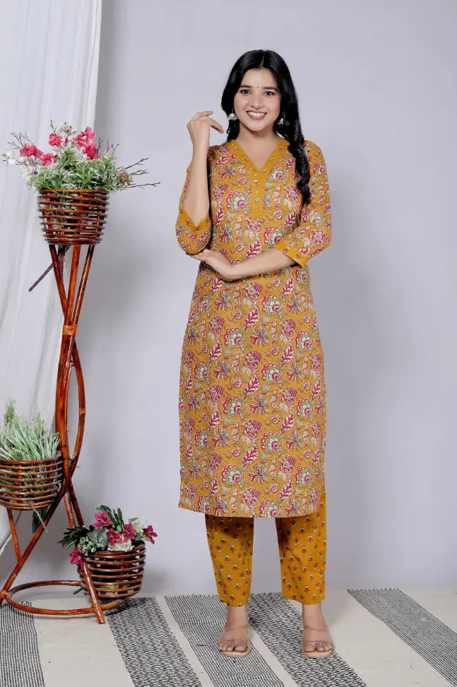 Mustard Cotton Kurti Bottom and Dupatta Set