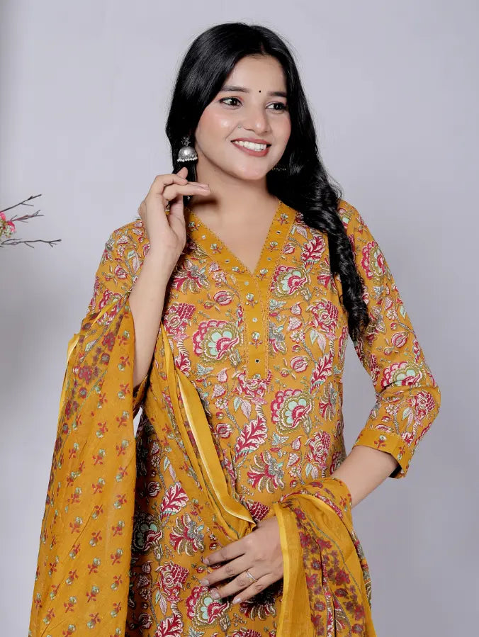 Mustard Cotton Kurti Bottom and Dupatta Set