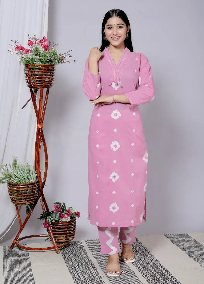 Pink Pure Cotton Kurti Bottom and Dupatta Set