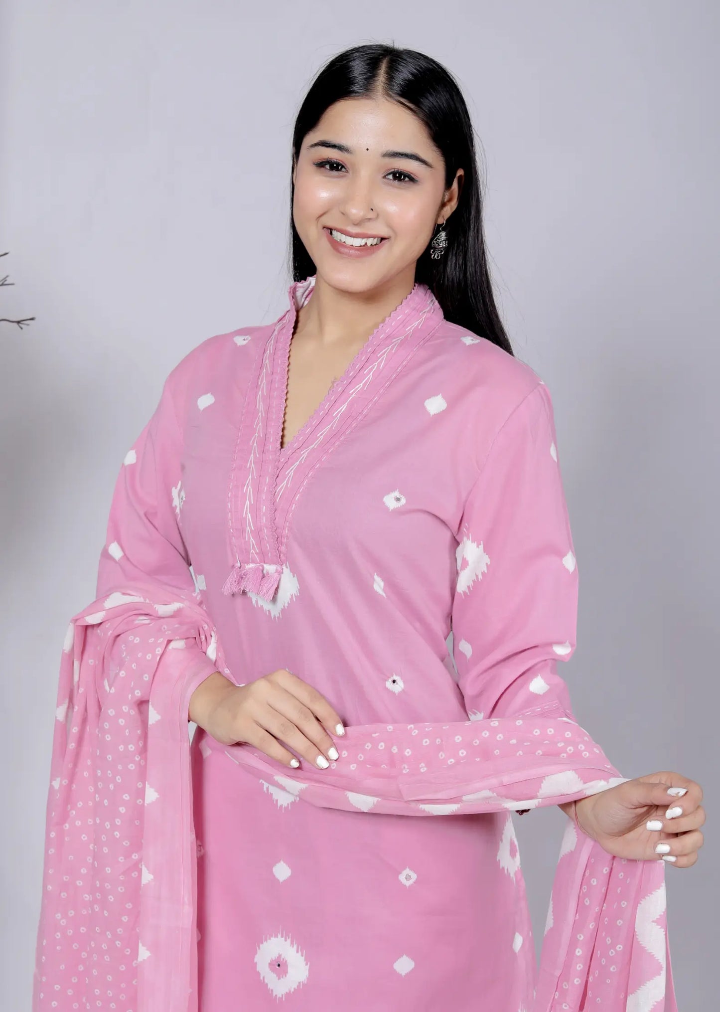 Pink Pure Cotton Kurti Bottom and Dupatta Set
