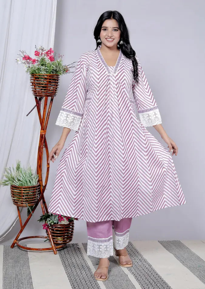 Lavendar Pure Cotton Kurti Bottom and Dupatta Set
