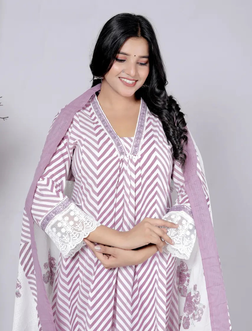 Lavendar Pure Cotton Kurti Bottom and Dupatta Set