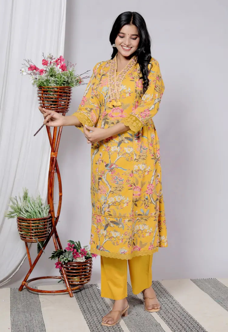 Mustard Pure Cotton Kurti Bottom and Dupatta Set