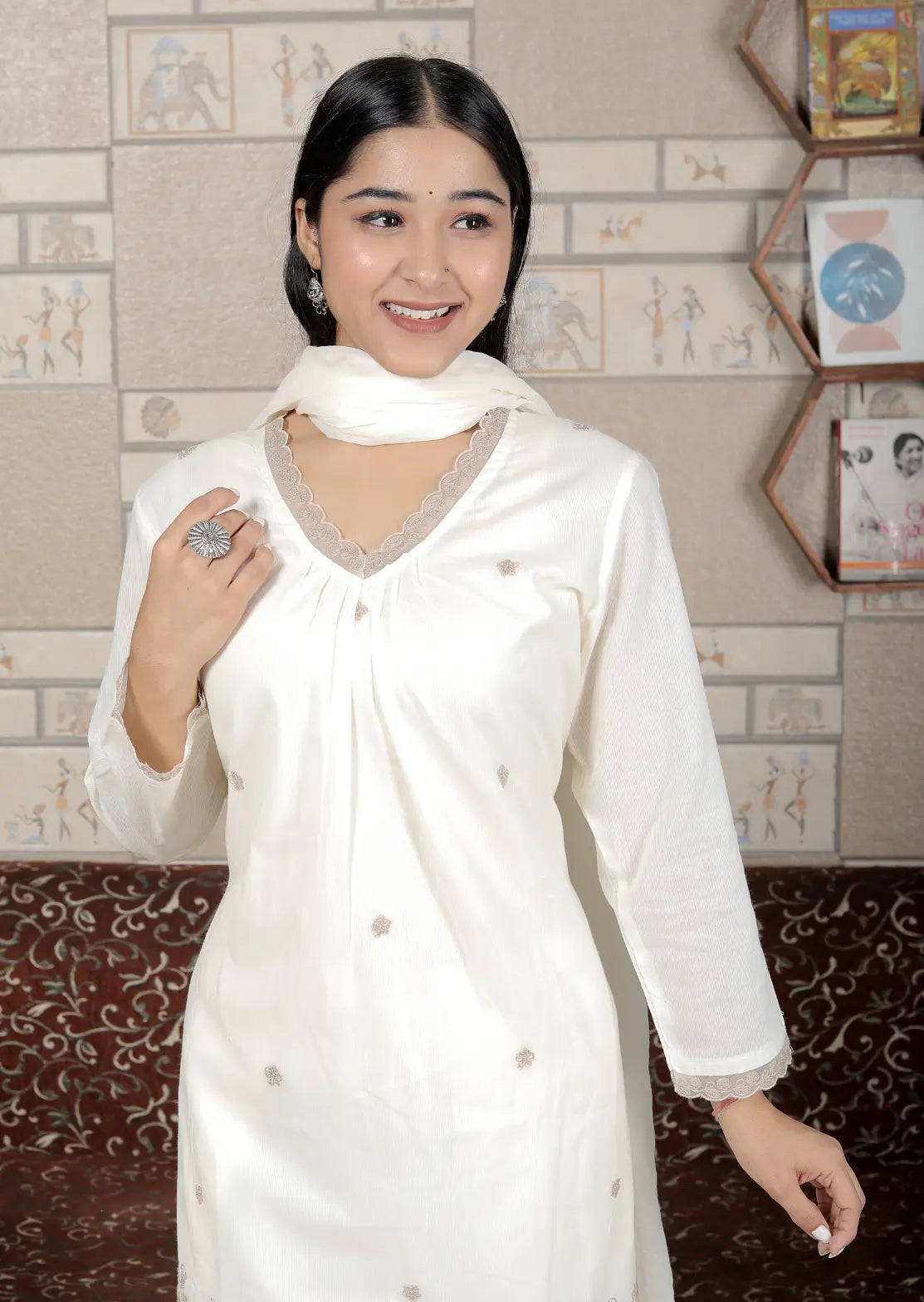 White Pure Cotton Kurti Bottom and Dupatta Set