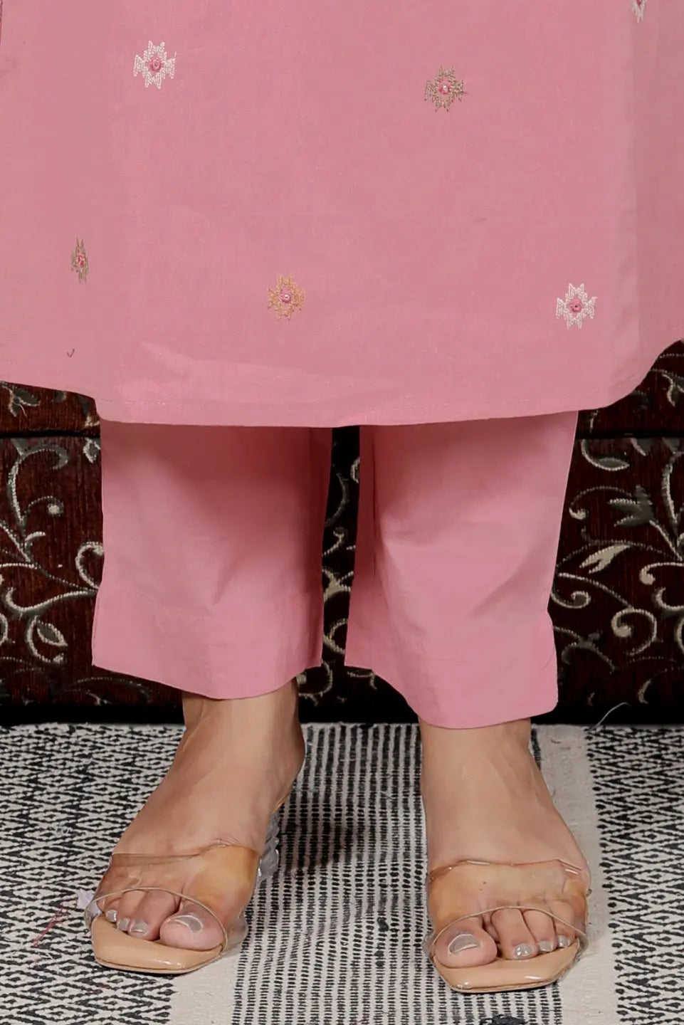 Pink Pure Cotton Kurti Bottom and Dupatta Set