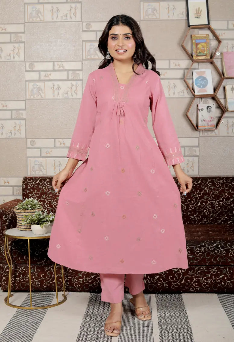 Pink Pure Cotton Kurti Bottom and Dupatta Set
