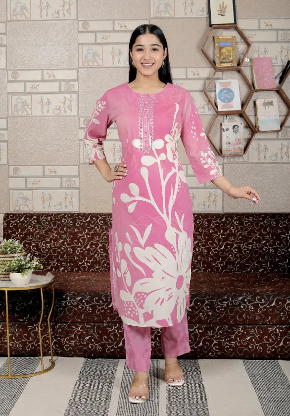 Pink Pure Cotton Kurti Bottom and Dupatta Set