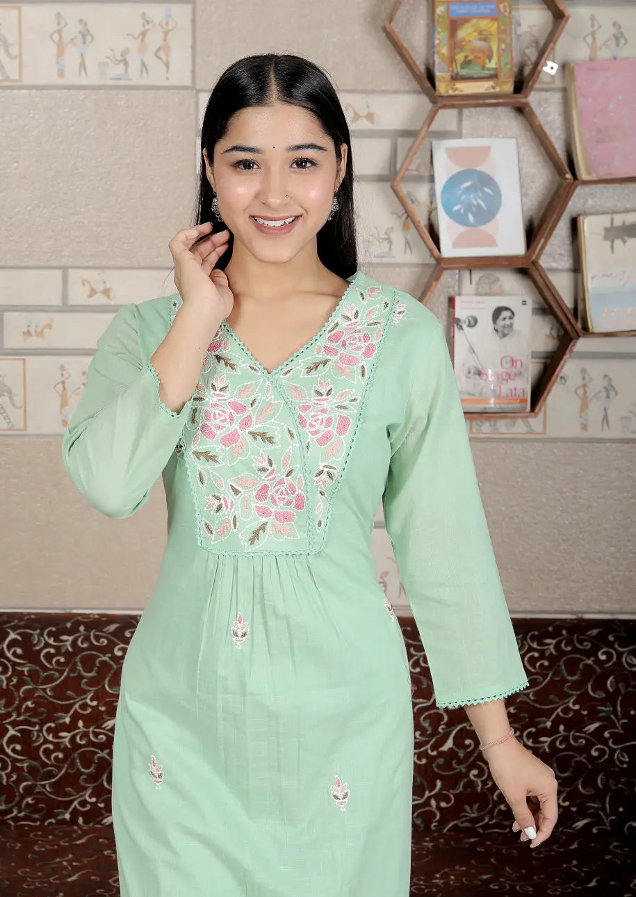 Pista Green Pure Cotton Kurti and Bottom Set