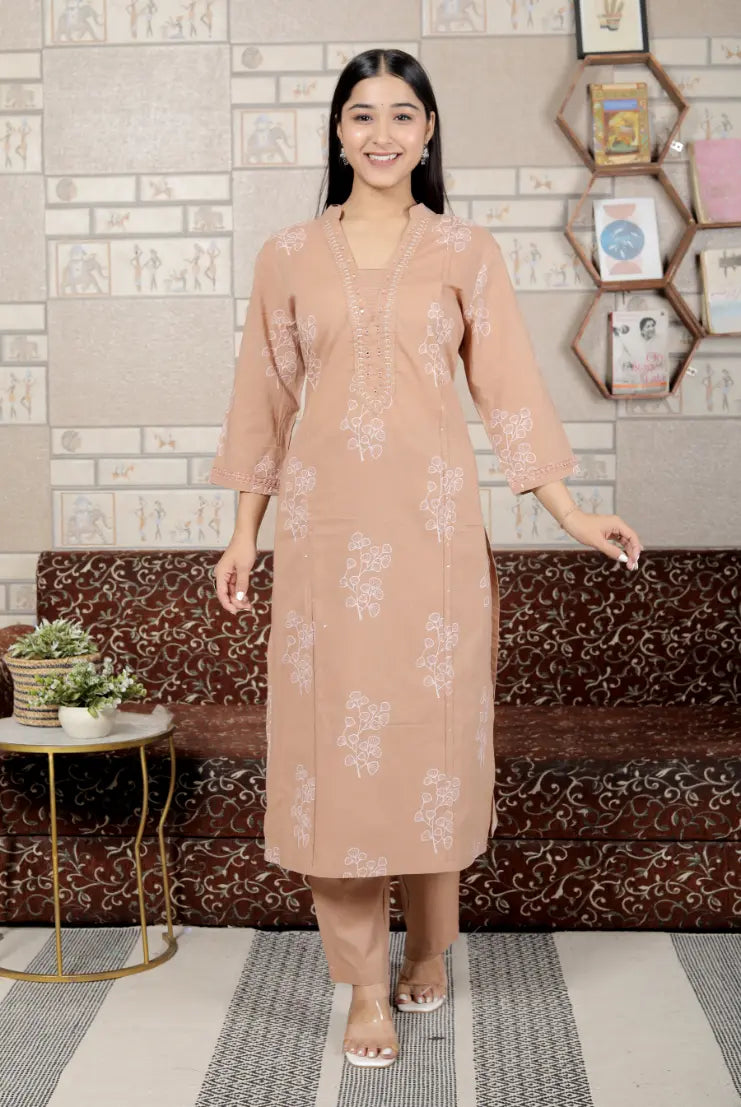 Beige Pure Cotton Kurti Bottom and Dupatta Set
