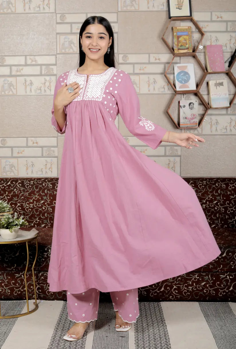 Pink Pure Cotton Kurti and Bottom Set