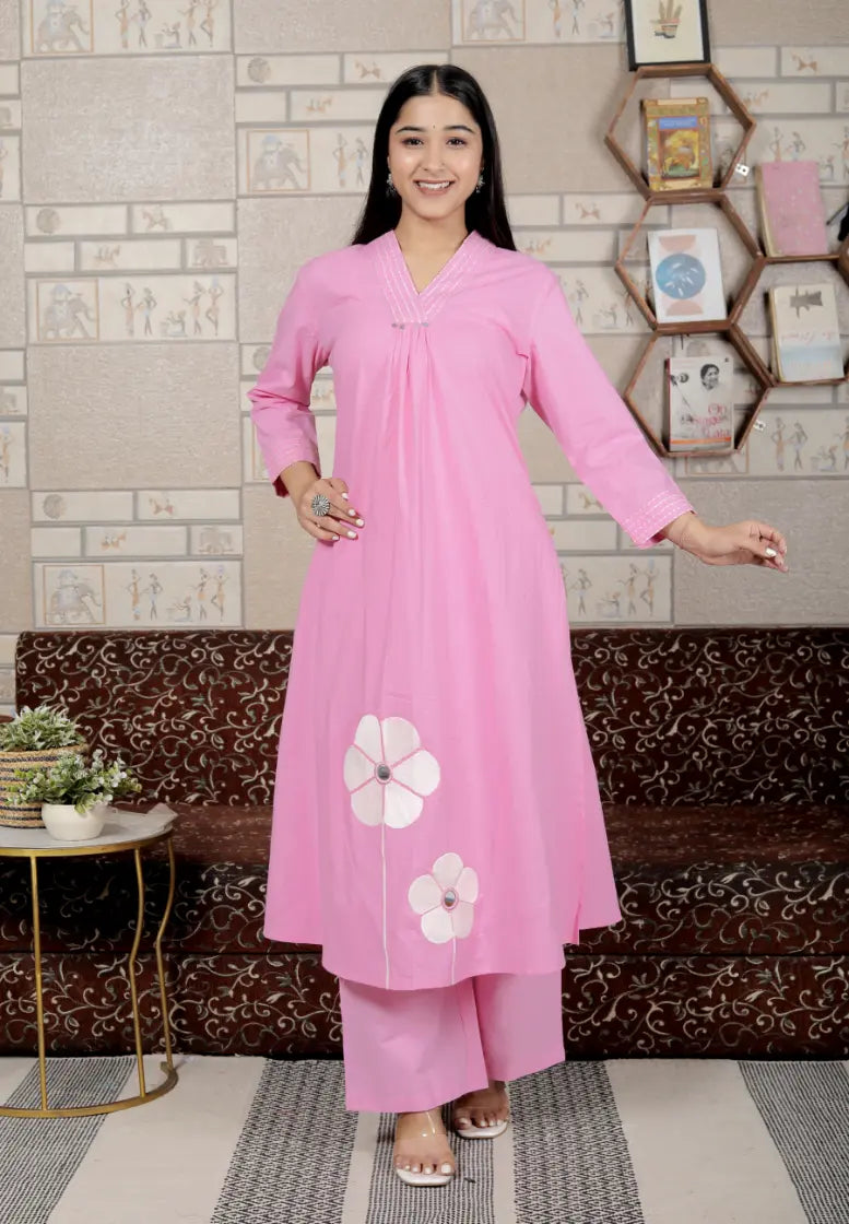 Pink Pure Cotton Kurti and Bottom Set