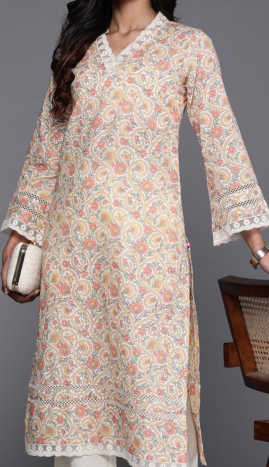 Off white ethnic floral printed V Neck flared sleeves lace pure cotton kurta