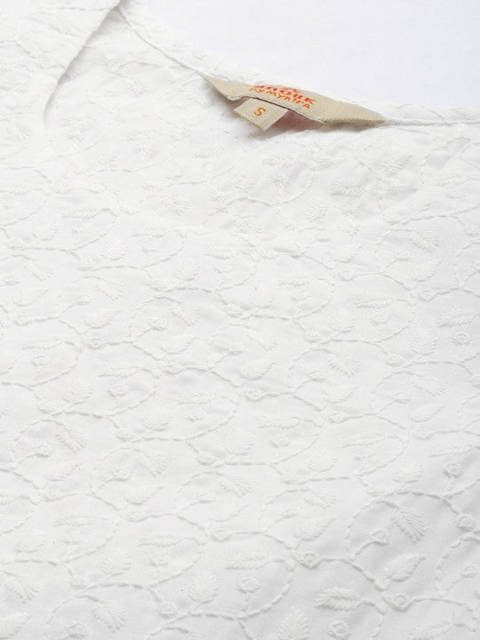 White Floral Chikankari Embroidered Pure Cotton Kurti