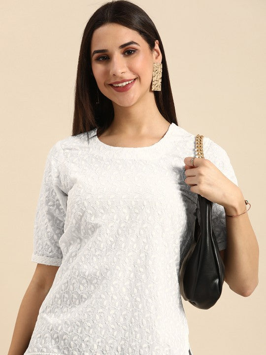 White Floral Chikankari Embroidered Pure Cotton Kurti