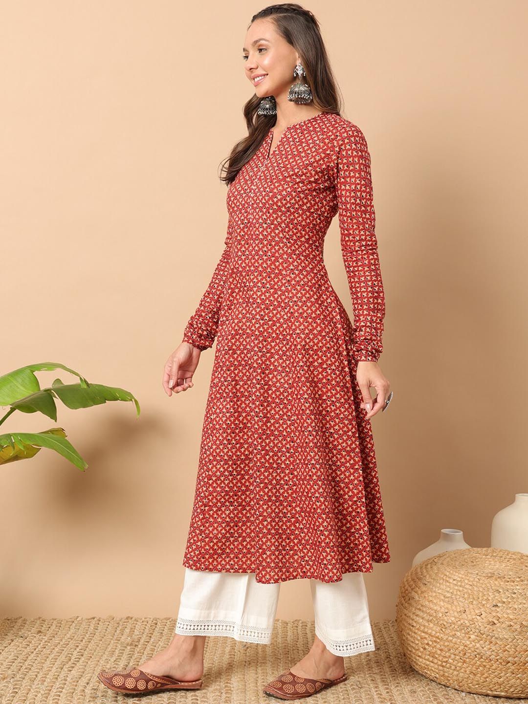 Floral printed notch collar thread work cotton A-Line kurta