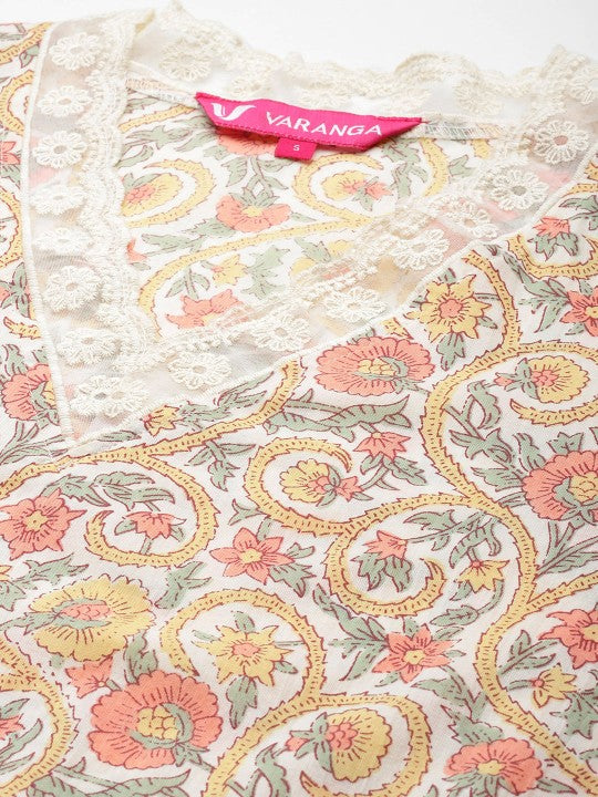 Off white ethnic floral printed V Neck flared sleeves lace pure cotton kurta