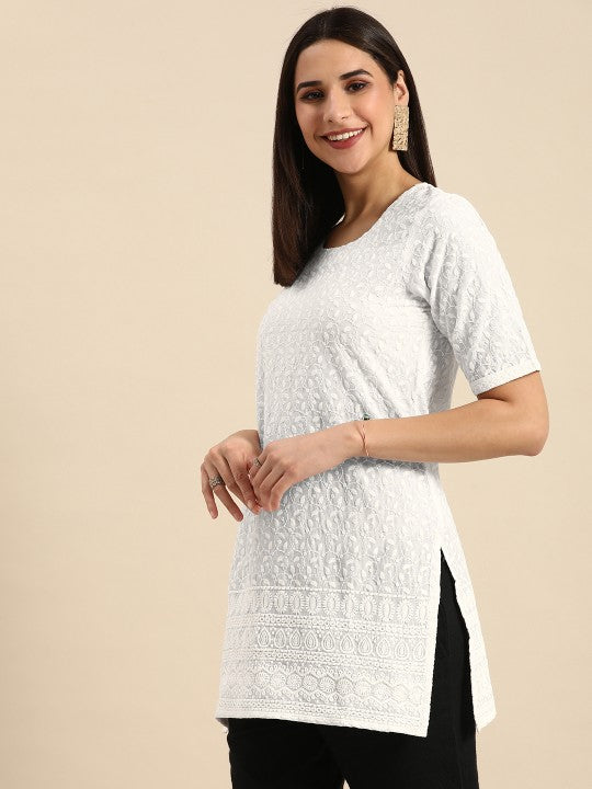 White Floral Chikankari Embroidered Pure Cotton Kurti