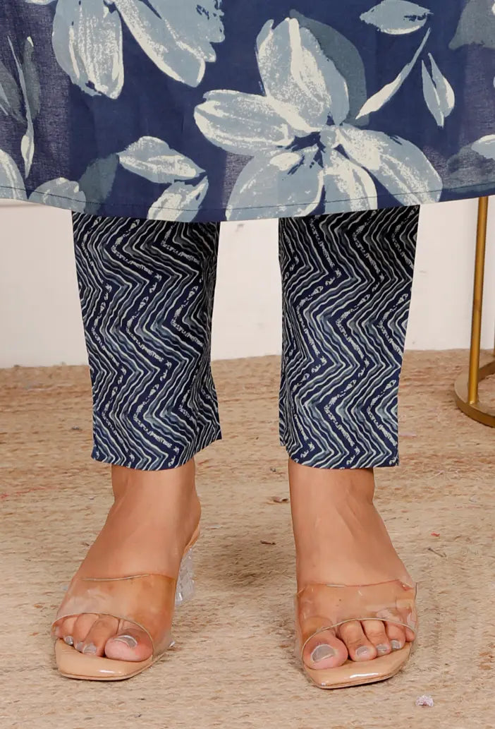 Blue Pure Cotton Kurti Bottom and Dupatta Set