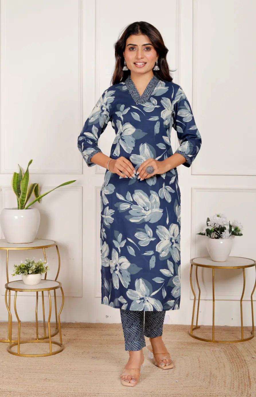 Blue Pure Cotton Kurti Bottom and Dupatta Set