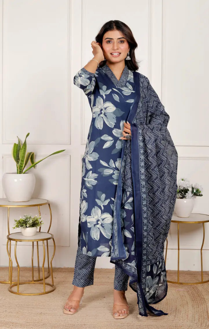 Blue Pure Cotton Kurti Bottom and Dupatta Set