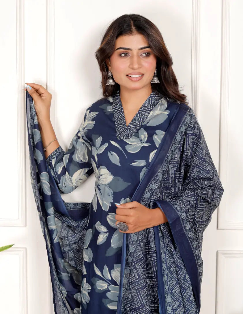 Blue Pure Cotton Kurti Bottom and Dupatta Set
