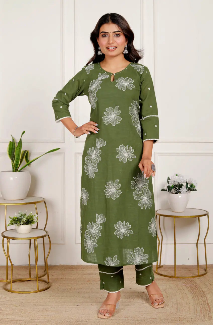 Mehndi Green Pure Cotton Kurti Bottom and Dupatta Set
