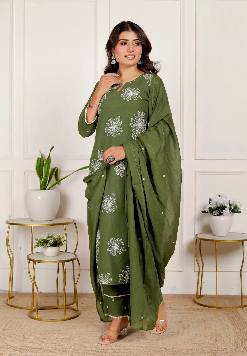 Mehndi Green Pure Cotton Kurti Bottom and Dupatta Set