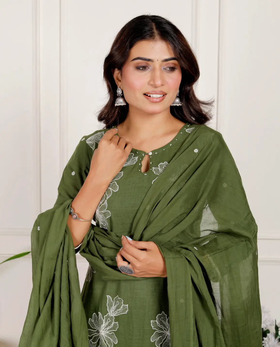 Mehndi Green Pure Cotton Kurti Bottom and Dupatta Set