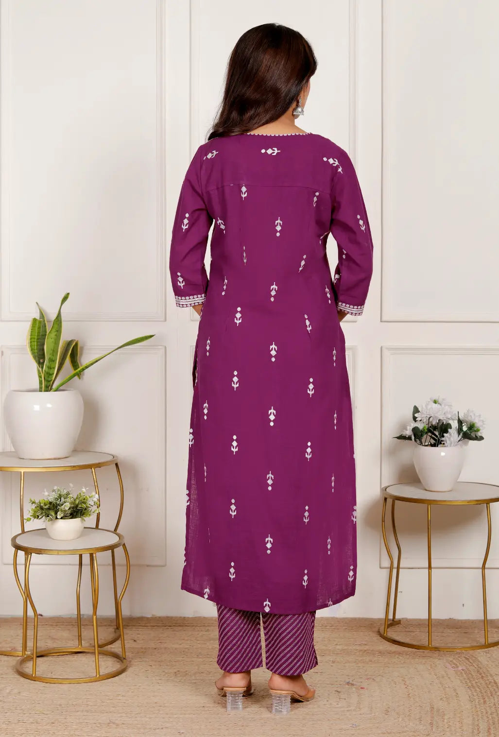 Dark Purple Pure Cotton Kurti Bottom and Dupatta Set