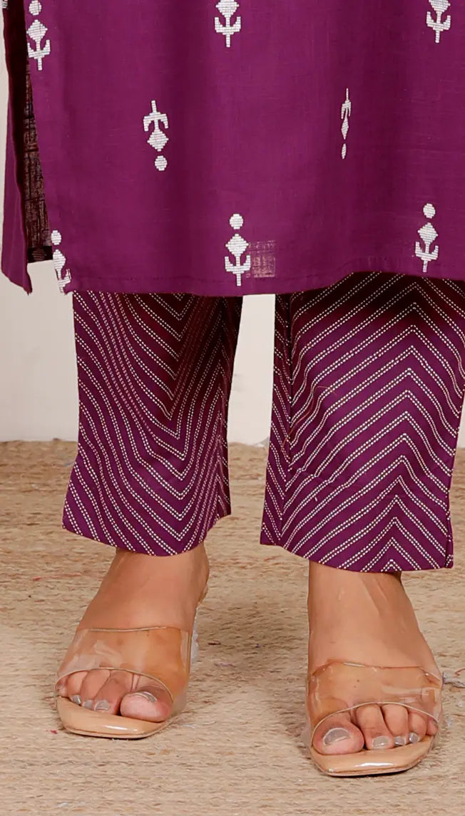 Dark Purple Pure Cotton Kurti Bottom and Dupatta Set
