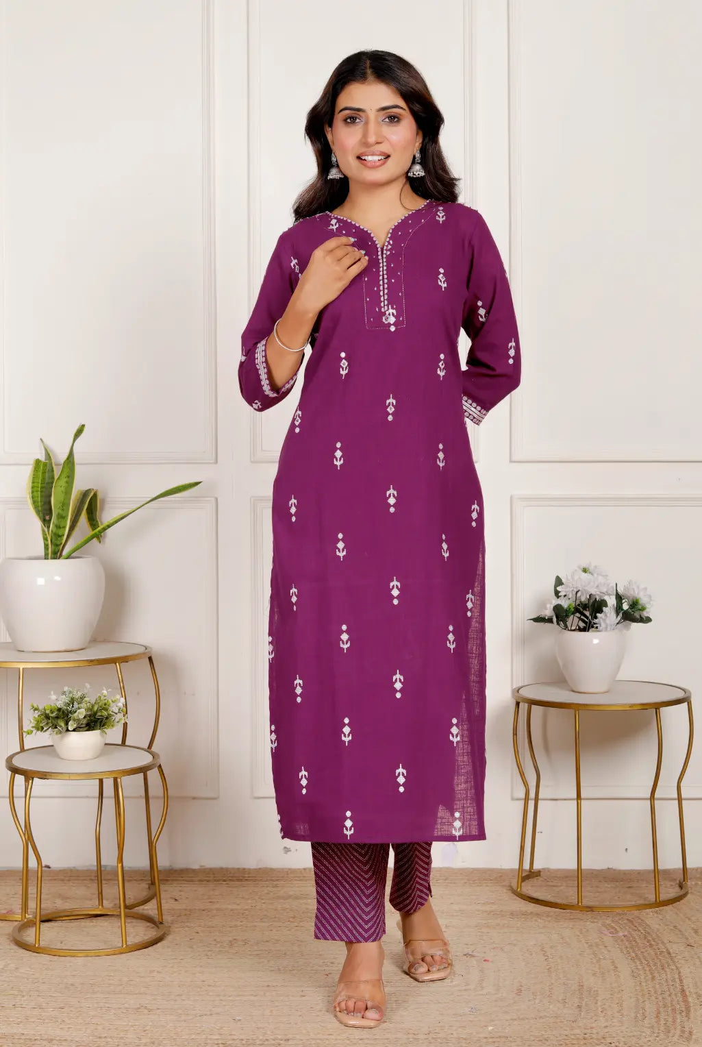 Dark Purple Pure Cotton Kurti Bottom and Dupatta Set