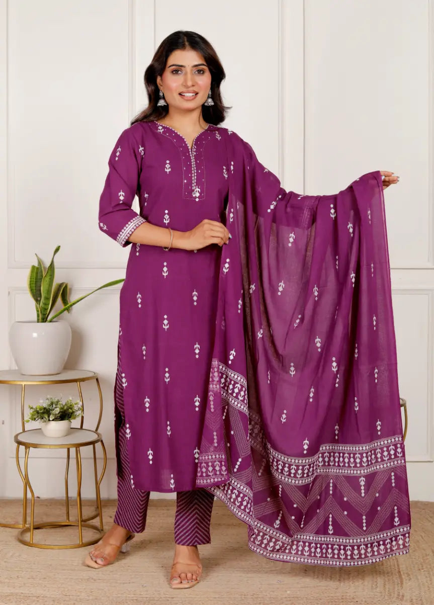 Dark Purple Pure Cotton Kurti Bottom and Dupatta Set