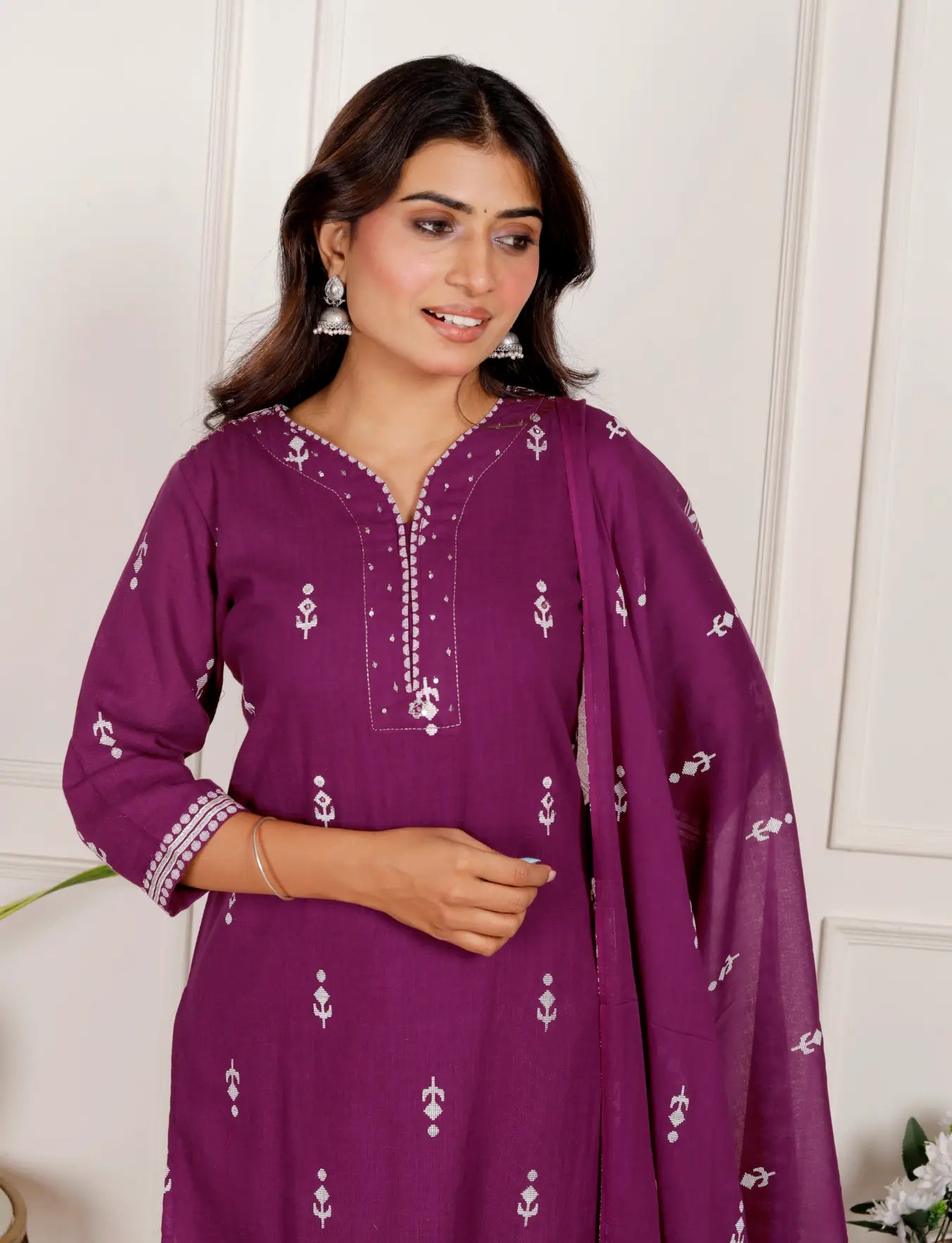 Dark Purple Pure Cotton Kurti Bottom and Dupatta Set
