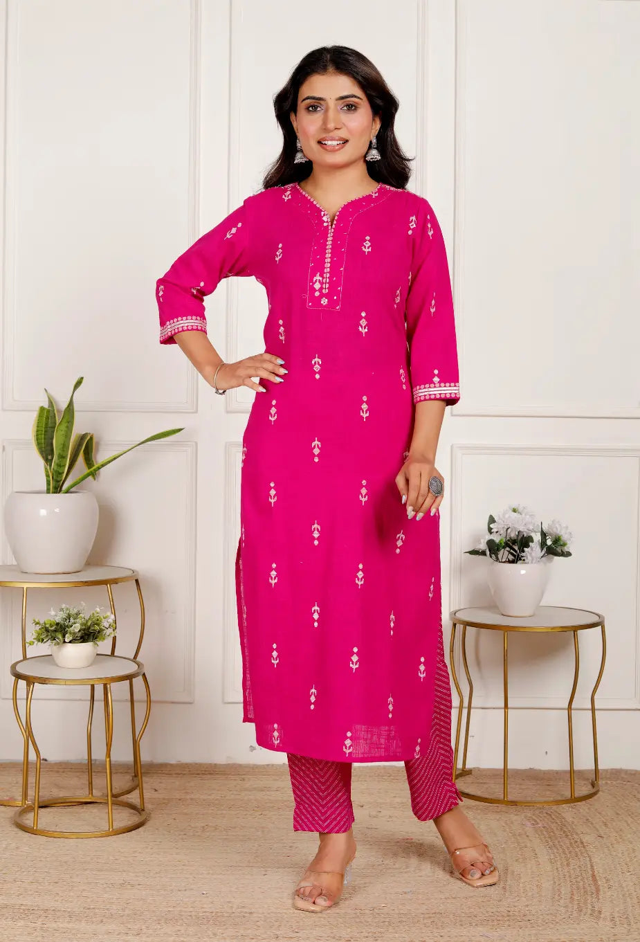 Dark Pink Pure Cotton Kurti Bottom and Dupatta Set