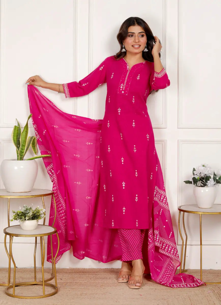 Dark Pink Pure Cotton Kurti Bottom and Dupatta Set