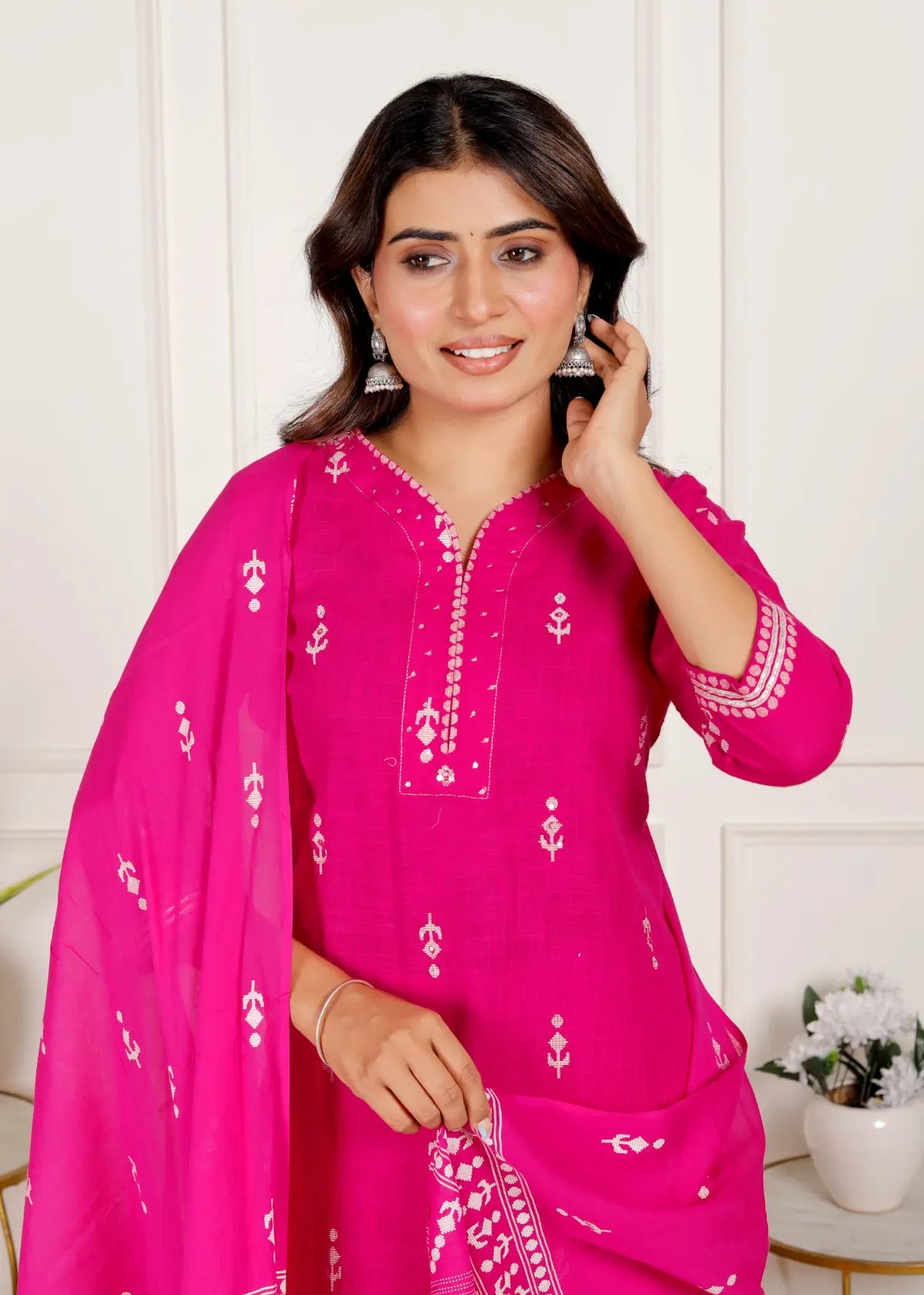 Dark Pink Pure Cotton Kurti Bottom and Dupatta Set