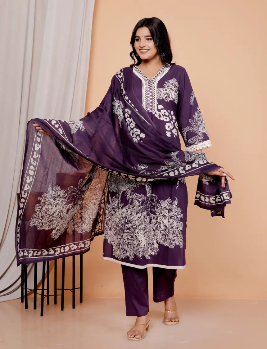 Dark Purple Pure Cotton Kurti Bottom and Dupatta Set