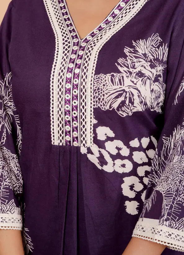 Dark Purple Pure Cotton Kurti Bottom and Dupatta Set