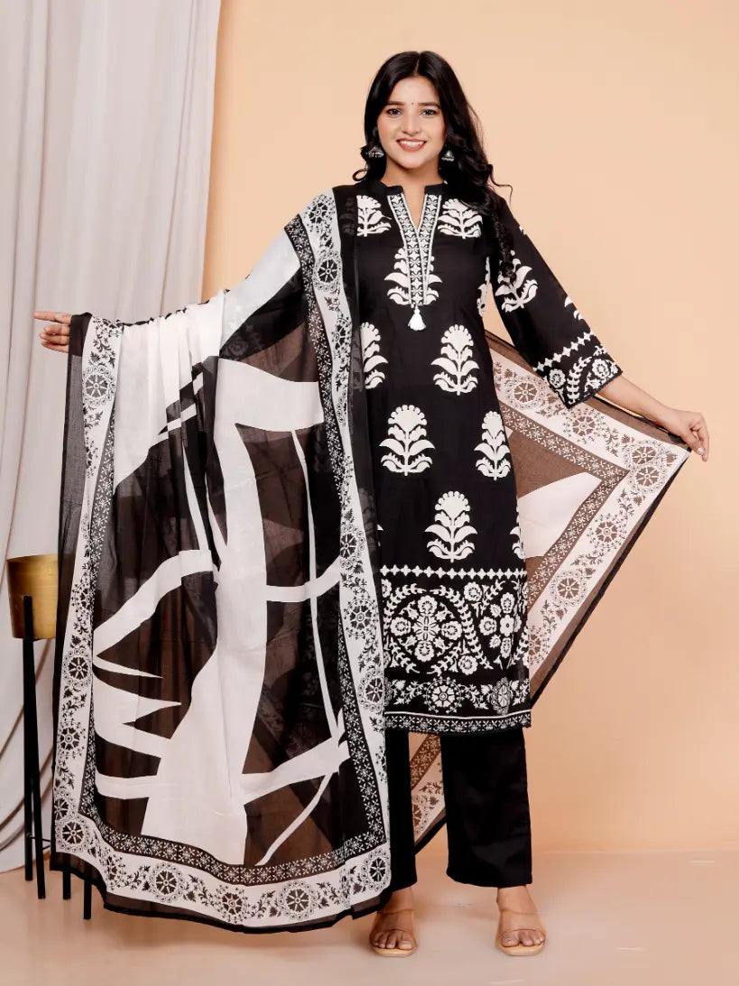 Wine Pure Cotton Kurti Bottom and Dupatta Set