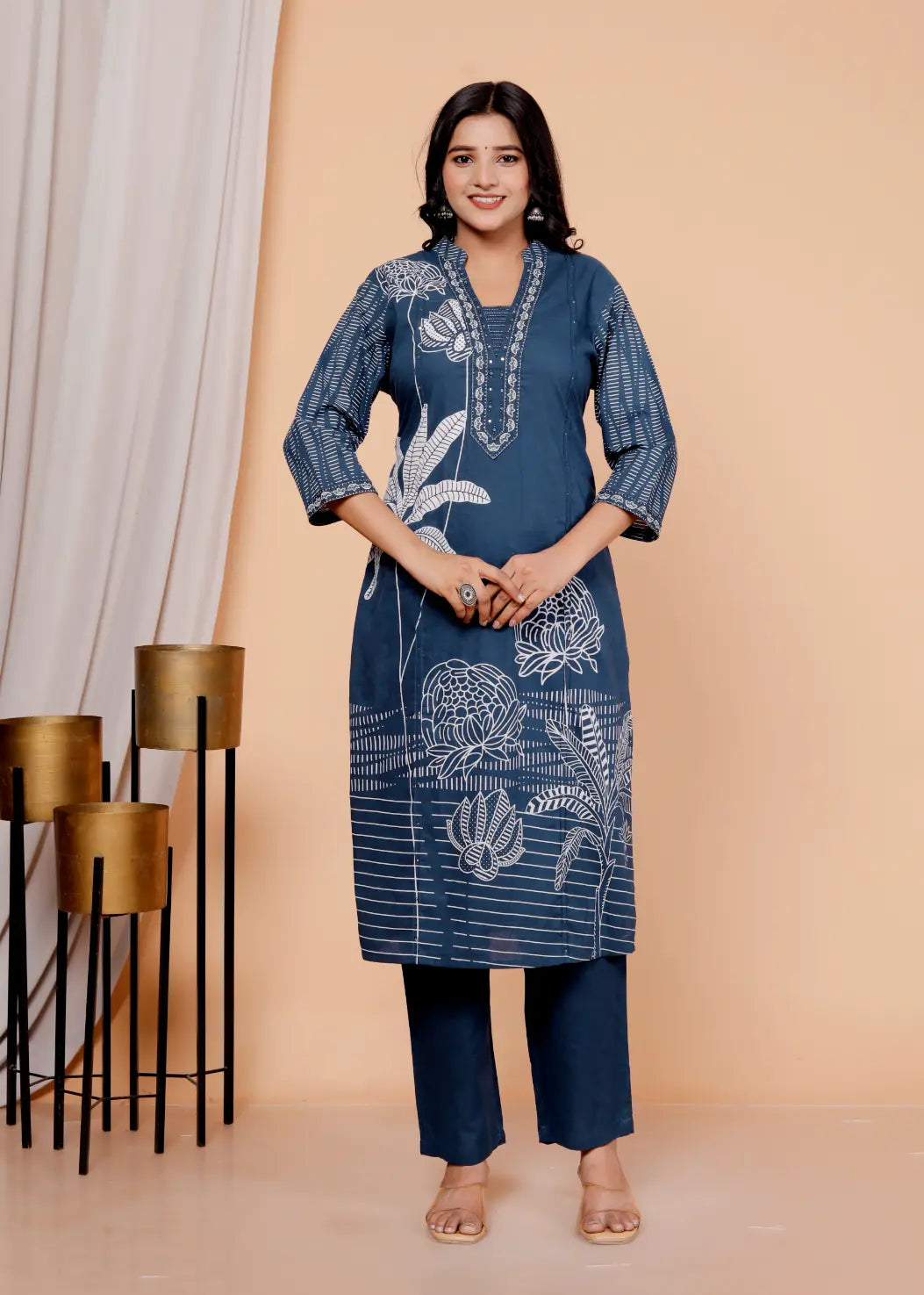 Dark Blue Pure Cotton Kurti Bottom and Dupatta Set