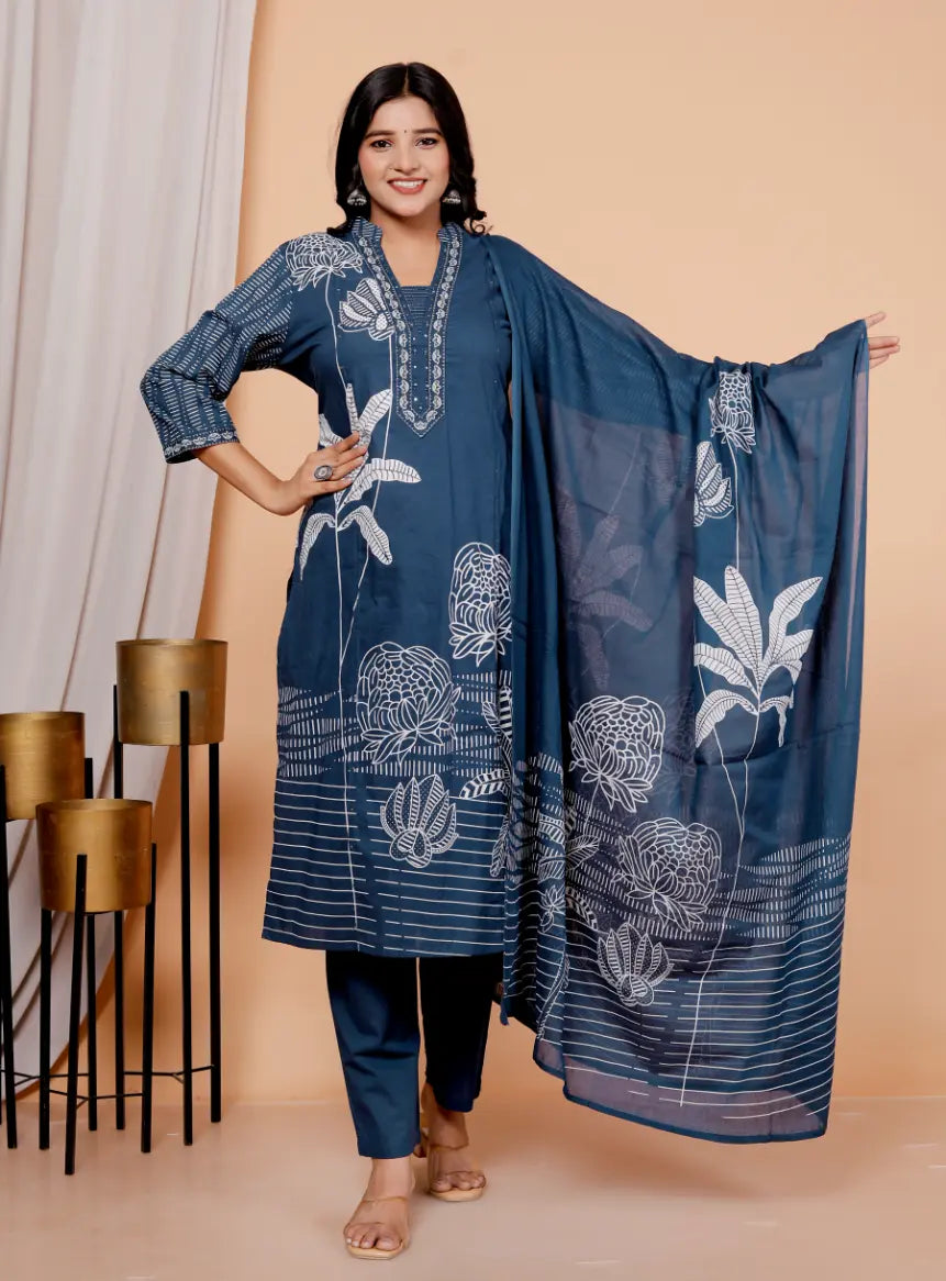 Dark Blue Pure Cotton Kurti Bottom and Dupatta Set