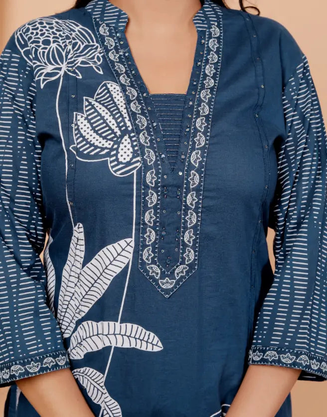 Dark Blue Pure Cotton Kurti Bottom and Dupatta Set