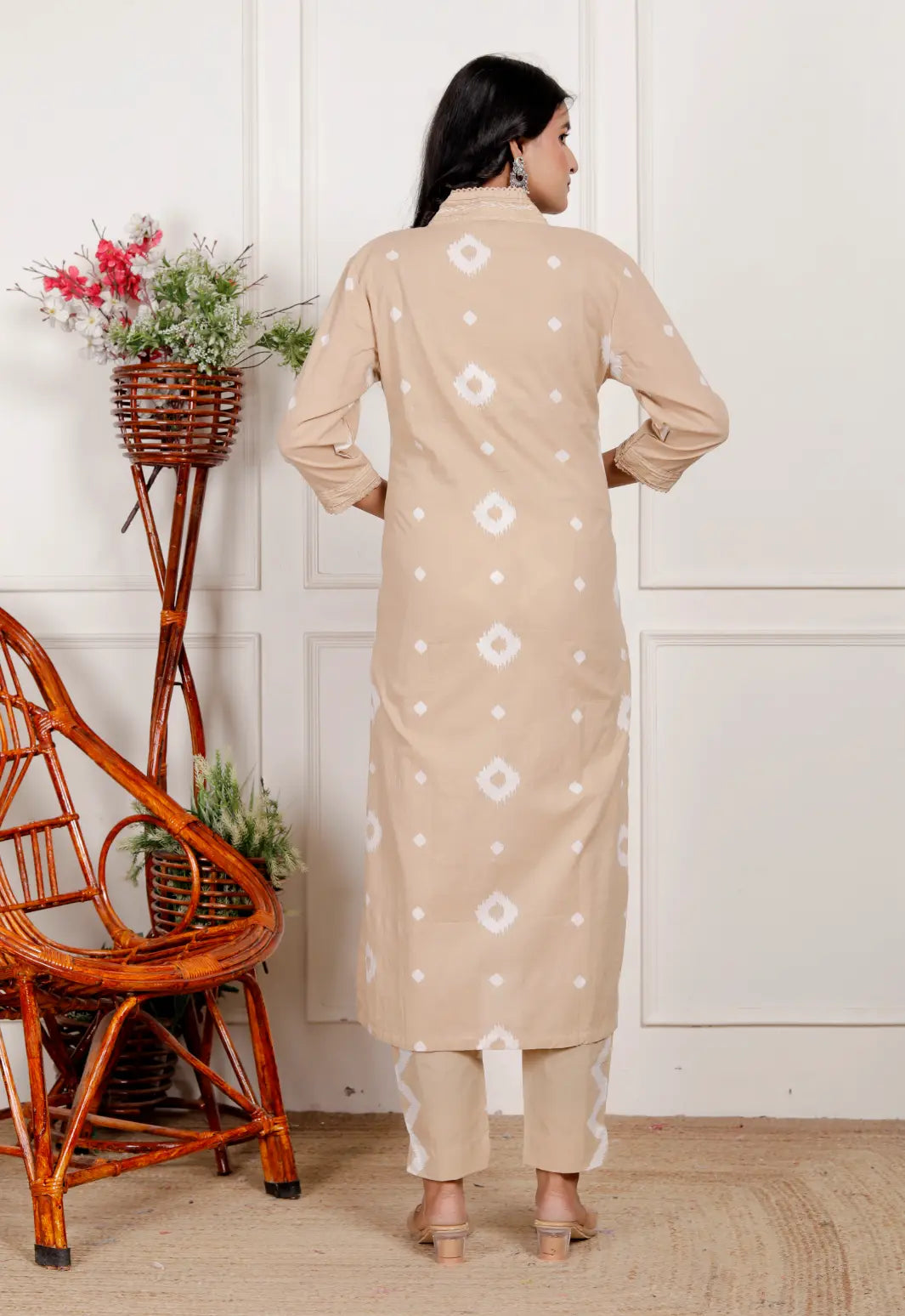 Beige Pure Cotton Kurti Bottom and Dupatta Set