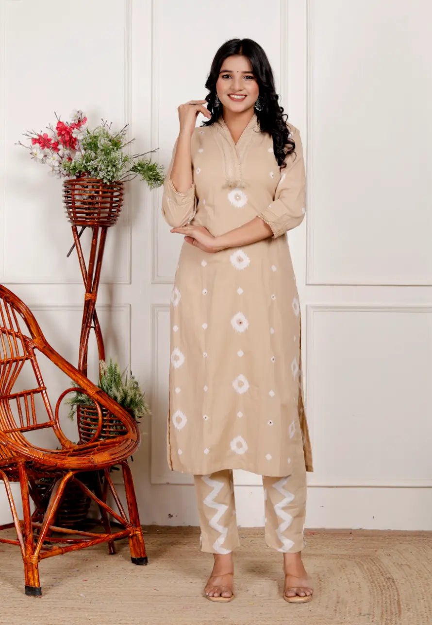 Beige Pure Cotton Kurti Bottom and Dupatta Set