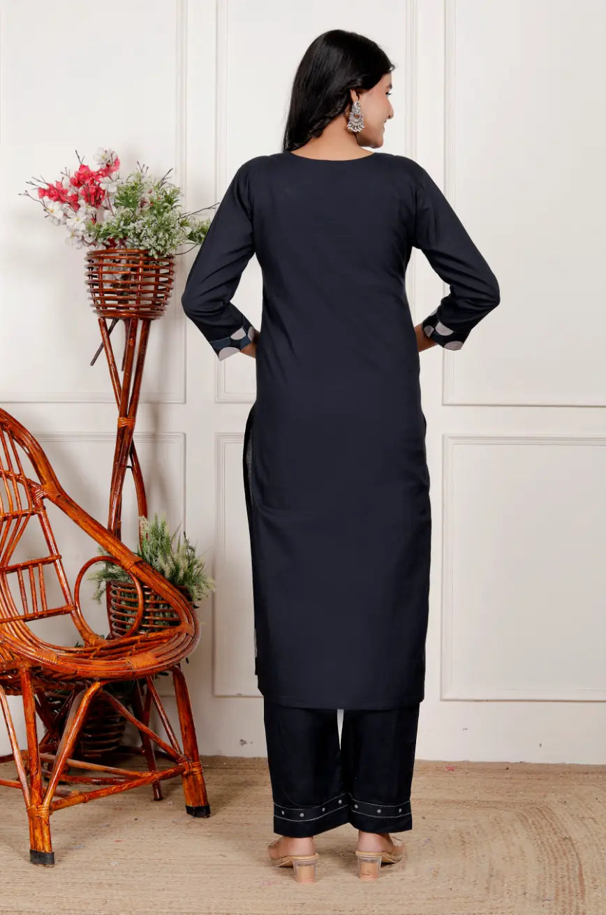Dark Blue Pure Cotton Kurti and Bottom Set