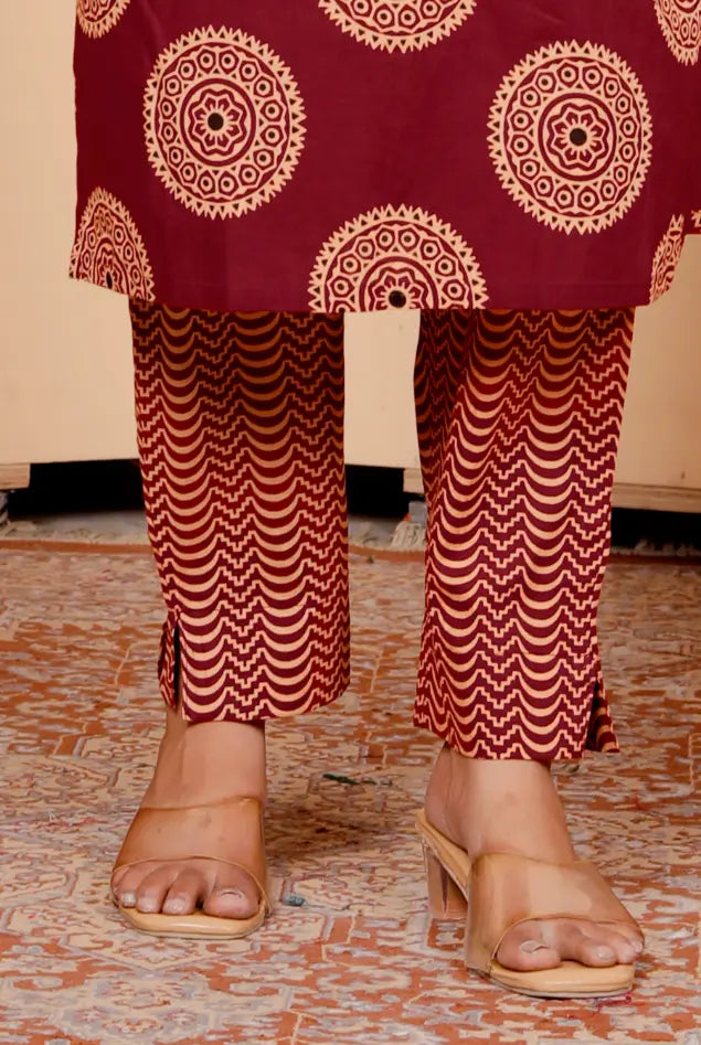 Rust Pure Cotton Kurti Bottom and Dupatta Set