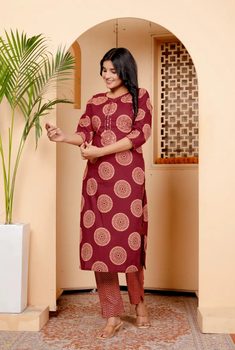 Rust Pure Cotton Kurti Bottom and Dupatta Set
